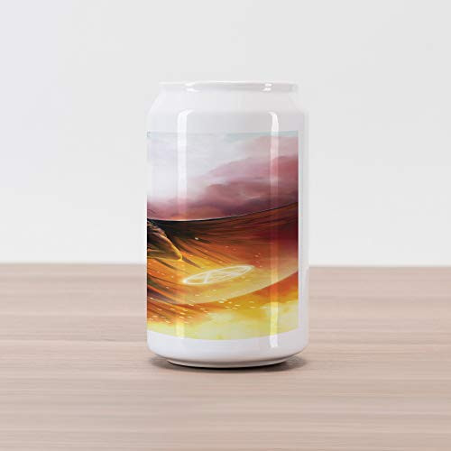 Ambesonne Fantasy World Cola Can Shape Piggy Bank, Superhero in His Original Costume Flying up Magic Save The World Theme, Ceramic Cola Shaped Coin Box Money Bank, 4.5" X 2.5", Yellow and Red