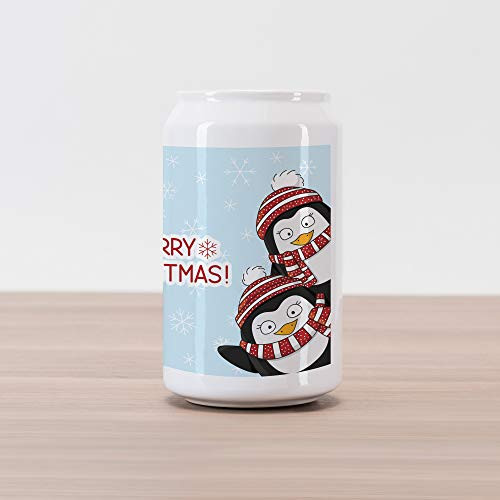 Ambesonne Christmas Cola Can Shape Piggy Bank, New Year Words Penguins with Hats and Scarf Snowflakes Theme, Ceramic Cola Shaped Coin Box Money Bank, 4.5" X 2.5", Blue Red
