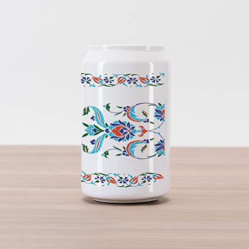 Ambesonne Ethnic Cola Can Shape Piggy Bank, Old Turkish Ceramic Style with Tulips Vintage Ottoman Heritage Image Print, Ceramic Cola Shaped Coin Box Money Bank for Cash Saving, Blue Red
