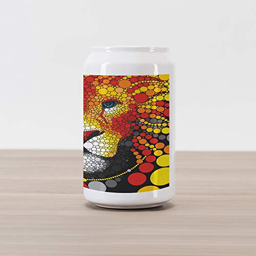 Ambesonne Fractal Cola Can Shape Piggy Bank, Abstract Style Lion Portrait with Doodle Style Circle Wildlife Leader Image, Ceramic Cola Shaped Coin Box Money Bank for Cash Saving, Red Yellow