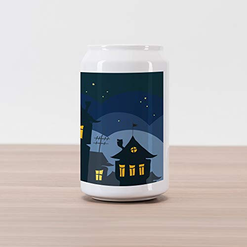 Ambesonne Halloween Cola Can Shape Piggy Bank, Old Town with Cat on The Roof Night Sky Moon and Stars Houses Cartoon Art, Ceramic Cola Shaped Coin Box Money Bank for Cash Saving, Black Yellow Blue