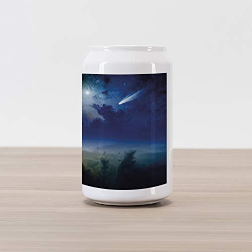 Ambesonne Moon Cola Can Shape Piggy Bank, Full Moon Rising with Shooting Star Cloudy Night Sky Celestial Elements, Ceramic Cola Shaped Coin Box Money Bank for Cash Saving, Navy Blue White Apricot