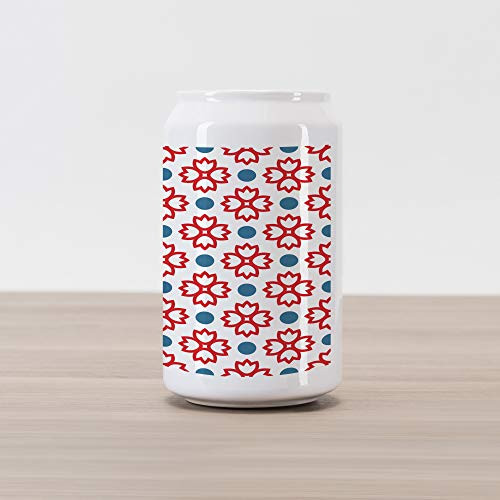Ambesonne Floral Cola Can Shape Piggy Bank, Abstract European Traditional Polka Dots Symmetrical Natural Inspiration, Ceramic Cola Shaped Coin Box Money Bank for Cash Saving, Slate Blue Red White