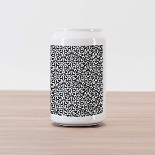 Ambesonne Damask Cola Can Shape Piggy Bank, Monochrome Floral Arrangement with Middle Eastern Motifs Design Element Image, Ceramic Cola Shaped Coin Box Money Bank for Cash Saving, Black White