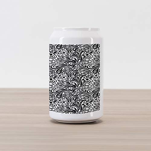 Ambesonne Black and White Cola Can Shape Piggy Bank, Western Scroll Pattern Design with Classical Cheery Flourishing Blossoms, Ceramic Cola Shaped Coin Box Money Bank for Cash Saving, Black White
