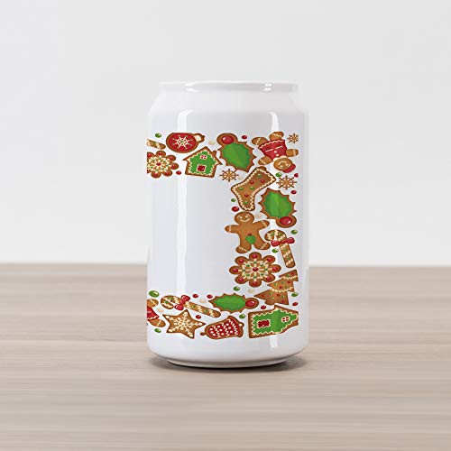 Ambesonne Christmas Cola Can Shape Piggy Bank, Taste of Xmas Season Frame with Gingerbread Cookies and Biscuits, Ceramic Cola Shaped Coin Box Money Bank for Cash Saving, Green Brown and Red