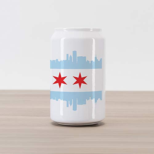 Ambesonne Chicago Skyline Cola Can Shape Piggy Bank, City of Chicago Flag with High Rise Buildings Scenery National, Ceramic Cola Shaped Coin Box Money Bank for Cash Saving, Red White Baby Blue