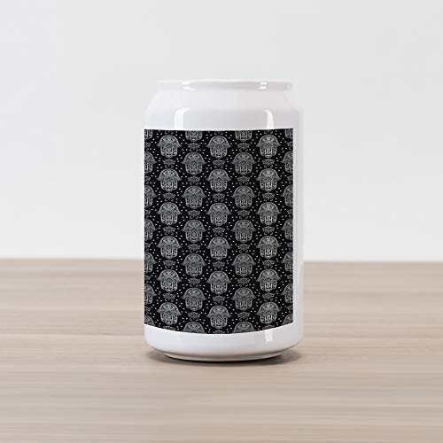 Ambesonne Black and White Cola Can Shape Piggy Bank, All Seeing Eye Motif in Middle Eastern Hand Design Monochrome Mandala, Ceramic Cola Shaped Coin Box Money Bank for Cash Saving, Black White