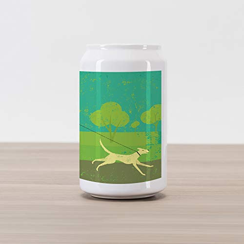 Ambesonne Dog Cola Can Shape Piggy Bank, Woman Running with Her House Pet on Grunge Worn Out Background, Ceramic Cola Shaped Coin Box Money Bank for Cash Saving, Green Taupe Pale Sea Green