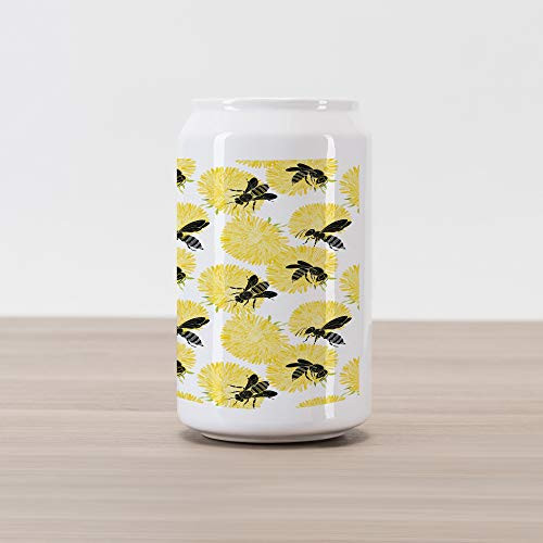 Ambesonne Bee Cola Can Shape Piggy Bank, Bees and Dandelion Flowers in Nature Detail Theme on White Background Print, Ceramic Cola Shaped Coin Box Money Bank for Cash Saving, Yellow Black and White