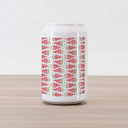 Ambesonne Watermelon Cola Can Shape Piggy Bank, Watercolor Illustration of Triangle Slices and Scattered Fruit, Ceramic Cola Shaped Coin Box Money Bank, 4.5" X 2.5", Coral Pale Green Black