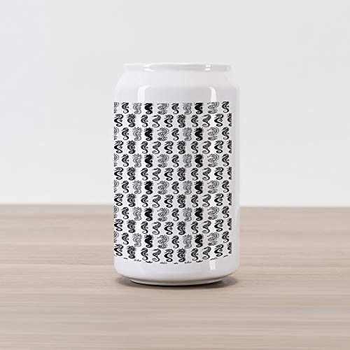 Ambesonne Seahorse Cola Can Shape Piggy Bank, Repeating Pattern Tribal Style Abstract Seahorse Design in Various Forms, Ceramic Cola Shaped Coin Box Money Bank for Cash Saving, Black and White