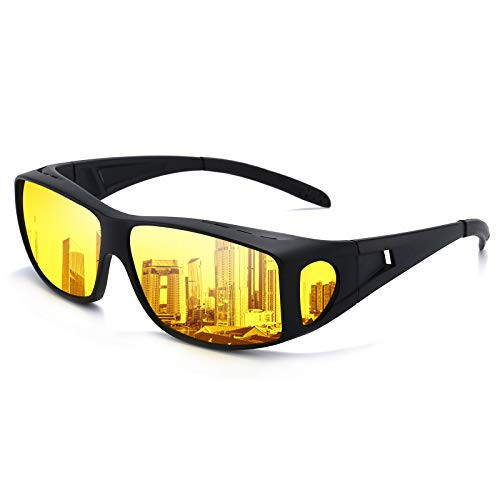 Night Vision Glasses Anti Glare Fit Over Prescription Glasses HD Polarized Night Driving Glasses For Women Men-Black Frame Yellow Lens-