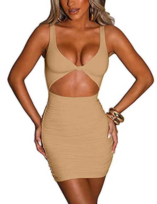 Kaximil Women's Sexy Bodycon Sleeveless Cut Out Ruched Tank Mini Club Party Dresses, Small, Khaki