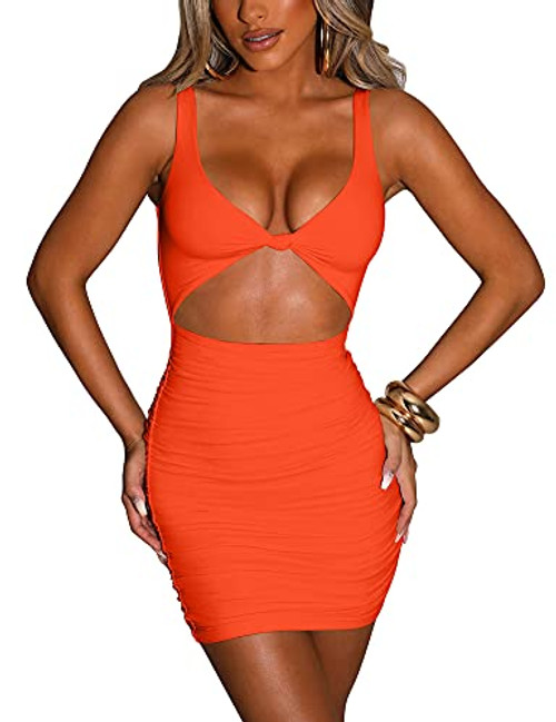 Kaximil Women's Sexy Bodycon Sleeveless Cut Out Ruched Tank Mini Club Party Dresses, Small, Orange Kaximil Women's Sexy Bodycon Sleeveless Cut Out Ruched Tank Mini Club Party Dresses, Small, Orange