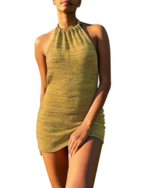 MISSACTIVER Women Sexy Halter Mini Dresses Knitted Backless Casual Bodycon Sleeveless Dress Party Streetwear-Small,Yellow-