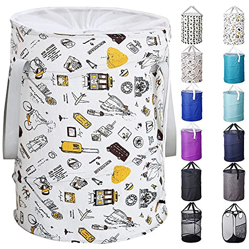 Bagail 85L Pop Up Laundry Hamper Bucket Cylindric, Foldable Clothes Bag, Folding Washing Bin,Large Capacity Collapsible Drawstring Closure Cotton Linen Laundry Storage Basket with Handles-Travel Trip-