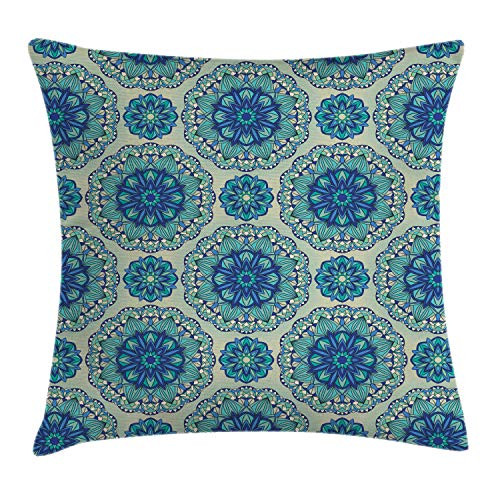 Ambesonne Mandala Throw Pillow Cushion Cover, Oriental Geometric Floral Elements Ornamental Green Blue Tones, Decorative Square Accent Pillow Case, 16" X 16", Pale Sage Green and Multicolor