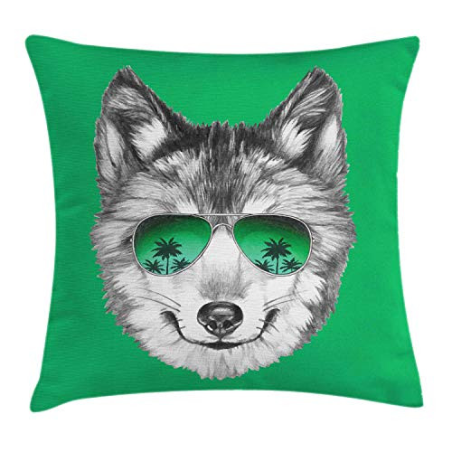 Ambesonne Sunglasses Throw Pillow Cushion Cover, Illustration of an Exotic Wolf Portrait in Greyscale Drawn by Hand, Decorative Square Accent Pillow Case, 16" X 16", Green Dark Grey White