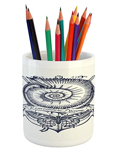 Ambesonne Marine Pencil Pen Holder, Sea Shell Anchor Wheel and Butterfly Motif with Remember Dreams Lettering, Ceramic Pencil Holder for Desk Office Accessory, 3.6" X 3.2", Dark Night Blue Ivory