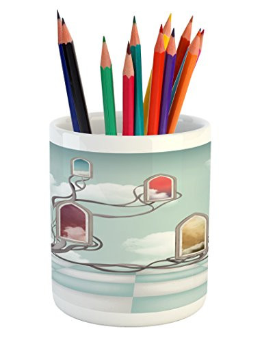 Ambesonne Magic Pencil Pen Holder, Colored Mirrors Over Tree Branch Clouds Dream Room Sky Surreal Unusual Graphic Work, Printed Ceramic Pencil Pen Holder for Desk Office Accessory, Multicolor
