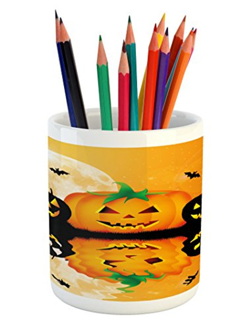 Ambesonne Halloween Pencil Pen Holder, Spooky Carved Halloween Jack o Lantern and Full Moon with Bats and Grave Lake, Printed Ceramic Pencil Pen Holder for Desk Office Accessory, Orange Black