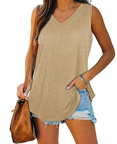Summer Tops for Women Casual V Neck Cute Sleeveless Flowy Tanks Tops Khaki L