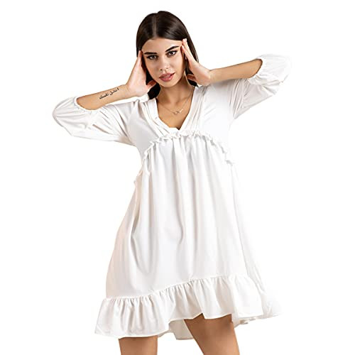 JQJ Women's V Neck Half Sleeve Tunic Dress, Casual Loose Flowy Swing Shift Dress Ruffle Mini Dress White