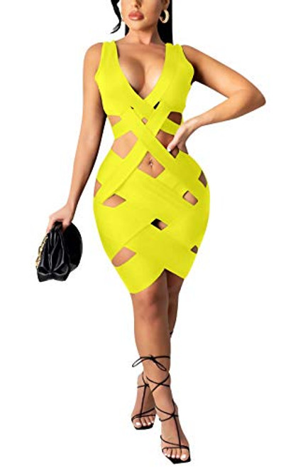Aro Lora Womens Sexy V Neck Sleeveless Cut Out Criss Cross Backless Bodycon Mini Dress X-Large Yellow Aro Lora Womens Sexy V Neck Sleeveless Cut Out Criss Cross Backless Bodycon Mini Dress X-Large Yellow