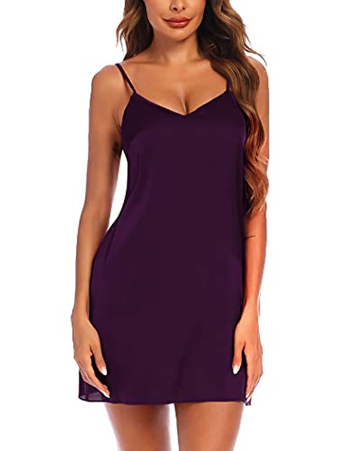 Ekouaer Sexy Womens Chemise Sleepwear Full Slips Short Nightgown Satin V Neck Spaghetti Strap Lingerie, Deep Purple S