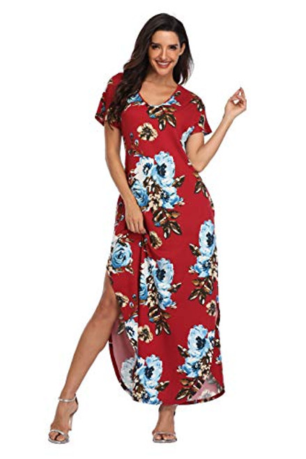 Women's Floral Maxi Dresses Short Sleeve Summer Beach Dress Casual Loose V Neck Side Split Long Dress with Pockets, Red Penoy XL Women's Floral Maxi Dresses Short Sleeve Summer Beach Dress Casual Loose V Neck Side Split Long Dress with Pockets, Red Penoy XL
