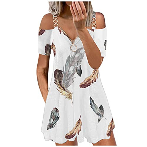 Ylikren Summer Dress for Women Sexy Zipper Front V Neck Short Dress Print Short Dress Strap Open Back Sexy Zipper Dress White