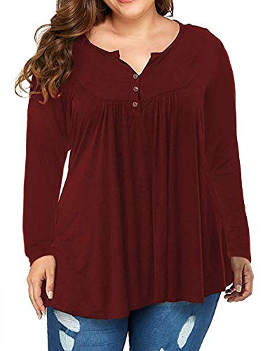 POSESHE Women's Plus Size Henley V Neck Button up Tunic Tops Casual Long Sleeve Blouse Shirts -4X-Large, Wine Red-