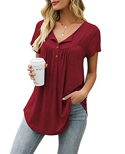 AMCLOS Womens Tops V Neck T-Shirts Pleats Blouses Button up Tunic Casual Flowy Short Sleeve -L, Wine Red-