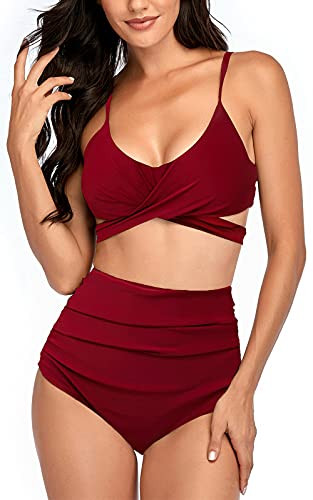 Summer Mae Womens Criss Cross High Waisted Swimsuits Bandage Bikini Wrap Top Swimwear Athletic Two Piece Bathing Suits Wine
