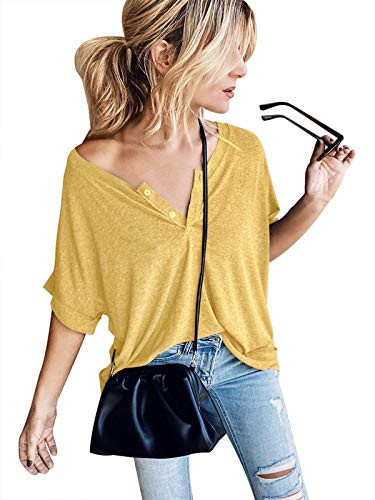 Women Plus Size Button Down Shirts V Neck Henley Tee Solid Color Short Sleeve Tops Loose Fitting Blouses for Women Casual Summer Yellow XX-Large