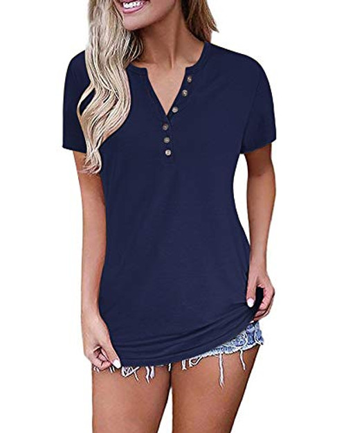 MISFAY Women's Short Sleeve V-Neck Button Loose Casual Tunic Tops Blouse Henley T Shirts -L, Navy Blue- MISFAY Women's Short Sleeve V-Neck Button Loose Casual Tunic Tops Blouse Henley T Shirts -L, Navy Blue-