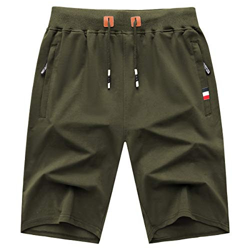 GEEK LIGHTING Men's Casual Shorts Elastic Waist Comfy Workout Shorts Drawstring with Zipper Pocket Green Large