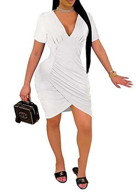 Aro Lora Womens Sexy Casual Short Sleeve Ruched Wrap Bodycon T Shirt Mini Dress Small White Aro Lora Womens Sexy Casual Short Sleeve Ruched Wrap Bodycon T Shirt Mini Dress Small White
