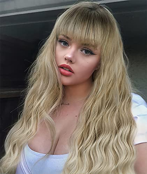 AISI BEAUTY Ombre Blonde Wig with Bangs long Wavy Wigs for Women Brown Mix Blonde Synthetic Natural Wave Heat Resistant Hair Wigs for Daily Party Wear AISI BEAUTY Ombre Blonde Wig with Bangs long Wavy Wigs for Women Brown Mix Blonde Synthetic Natural Wave Heat Resistant Hair Wigs for Daily Party Wear