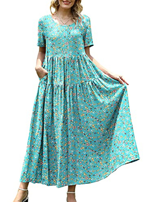 YESNO Women Casual Loose Bohemian Floral Dress with Pockets Short Sleeve Long Maxi Summer Beach Swing Dress -L EJF CR85-