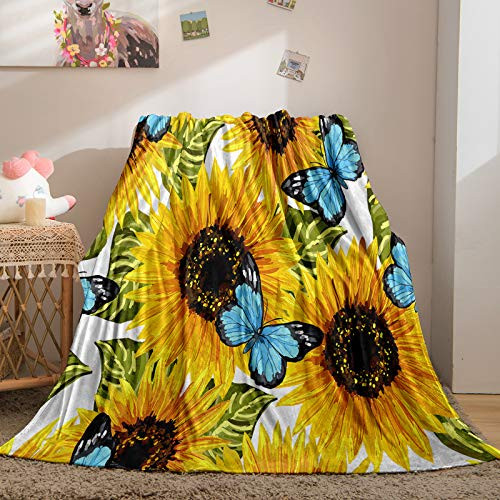 Merryword Sunflower Blanket Butterfly Flannel Throw Blanket Blue Butterfly Sunflower Printed for Teens Boys Girls Soft Plush Blanket for Bedroom Couch Sofa -Throw-50"x60"-, BuSunflower- Merryword Sunflower Blanket Butterfly Flannel Throw Blanket Blue Butterfly Sunflower Printed for Teens Boys Girls Soft Plush Blanket for Bedroom Couch Sofa -Throw-50"x60"-, BuSunflower-