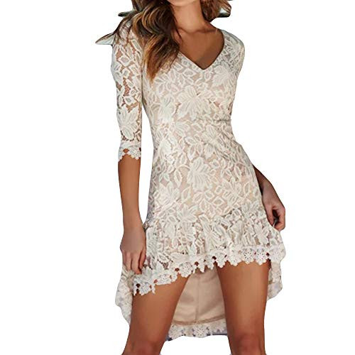 Shakumy Women 3/4 Sleeve V Neck Floral Lace Dress Elegant Cocktail A-Line Mini Dress Sexy Evening Party Club Short Dress