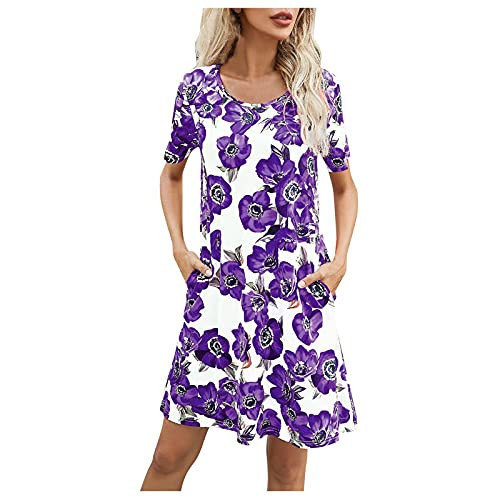 Jumaocio Women's Casual Floral Printed T Shirt Dresses O Neck Short Sleeve Swing Mini Dress with Pockets-Purple,XL- Jumaocio Women's Casual Floral Printed T Shirt Dresses O Neck Short Sleeve Swing Mini Dress with Pockets-Purple,XL-