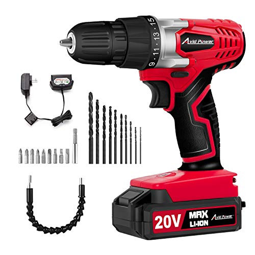 Avid Power 20V MAX Lithium Ion Cordless Drill, Power Drill Set with 3/8" Keyless Chuck, Variable Speed, 16 Position, LED Light and 22pcs Drill/Driver Bits, MW316
