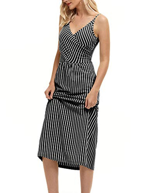 MSBASIC Evening Dress Wrap V Neck Spaghetti Strap Long Dress for Women Black Striped M