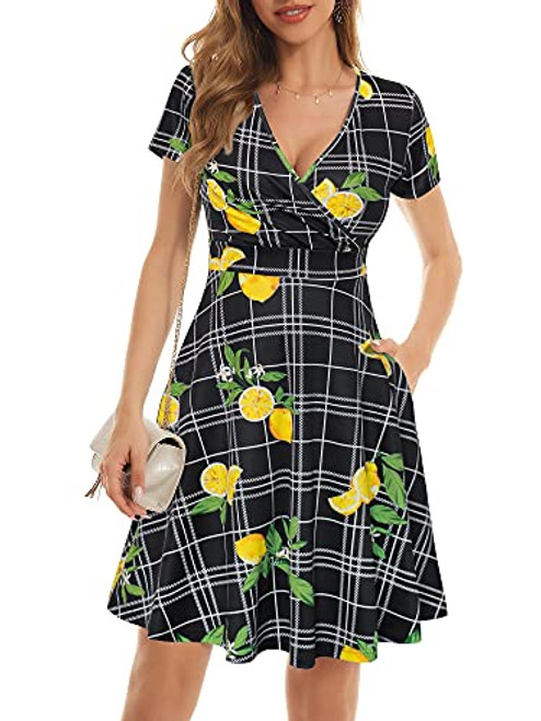 MSBASIC Flowy Summer Dresses Lemon V Neck Flare Black Plaid Dress for Women-Lemon,XL-