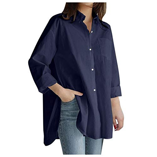 Women's Plus Size Solid Color Shirt Stand-up Collar Pocket Loose Blouse Casual Button Long Sleeve Shirt Top