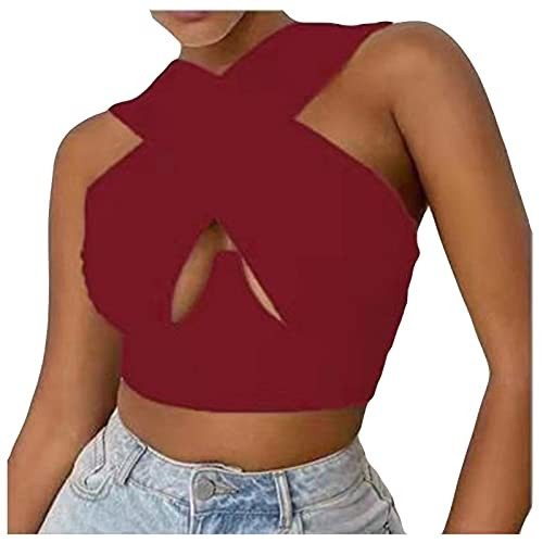 Women's Crisscross Cut Out Vest Sexy Sleeveless Halter Criss Cross Tees Halter Wrap Crop Top Solid Cami Tank Tops Wine Women's Crisscross Cut Out Vest Sexy Sleeveless Halter Criss Cross Tees Halter Wrap Crop Top Solid Cami Tank Tops Wine