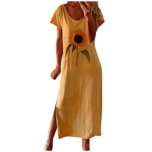 Women Summer Tunic Dress Casual Loose T-Shirt Dress Short Sleeve Split Maxi Dresses Sunflower Print Sundress Yellow